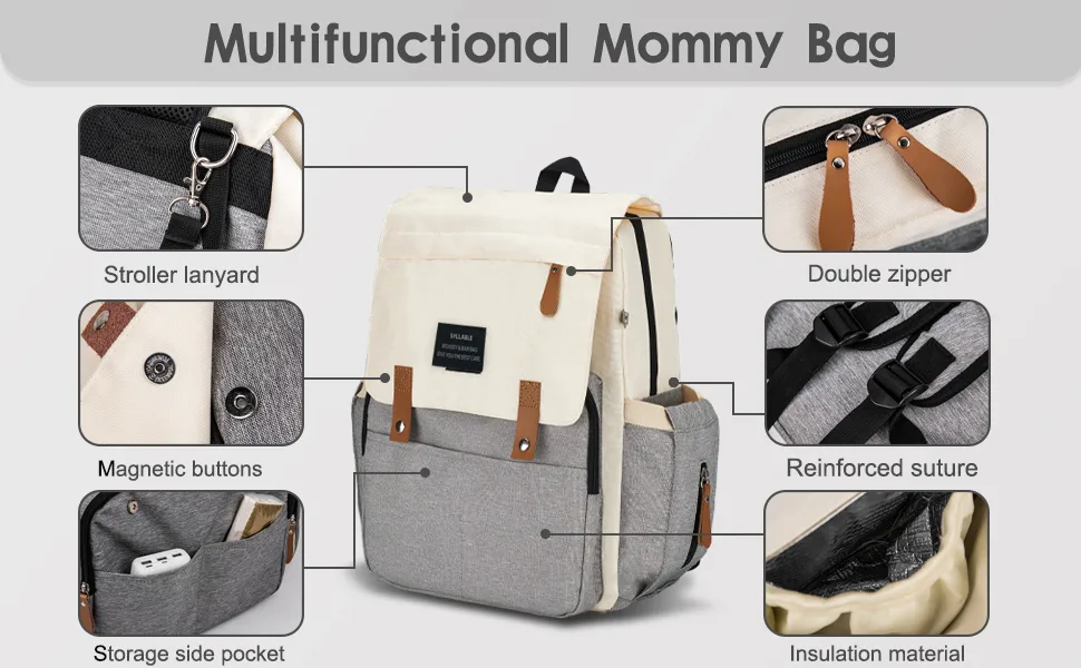 Diaper Bag Backpack with Portable Changing Pad, Pacifier Case and Stroller Straps White Grey - diaper bag