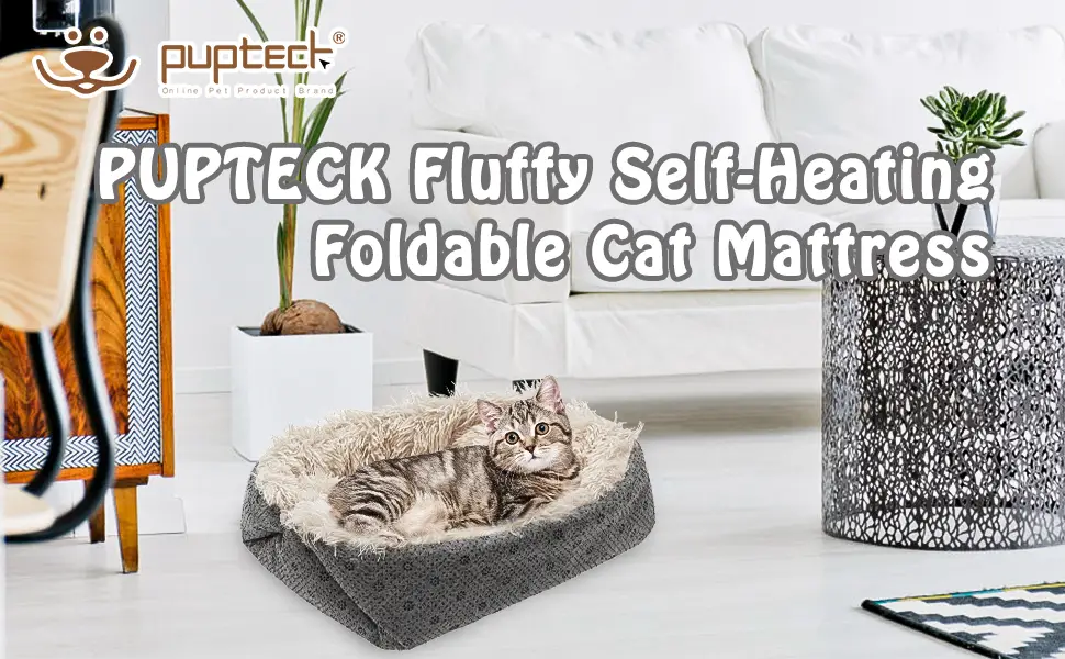 PUPTECK Self Warming Cat Bed - Soft Plush Thermal Cat Heated Mat Non-Slip for Cats Puppies Small Dogs Cold Days Sleeping Khaki - product information 1