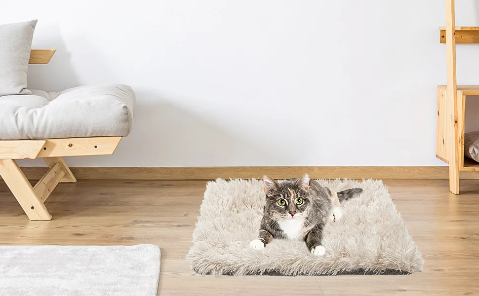 PUPTECK Self Warming Cat Bed - Soft Plush Thermal Cat Heated Mat Non-Slip for Cats Puppies Small Dogs Cold Days Sleeping Khaki - product information 4