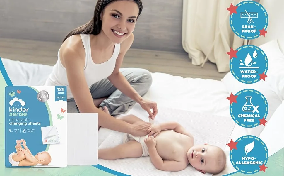 Kindersense Disposable Changing Sheets for Baby Diaper (125 Sheets) | Thin Portable Changing Pad Liners (23" x 17.5") | Paper Top Layer - Waterproof Bottom Layer | Leak Proof Infant Changing Mat Thin protective sheets - absorbent pads, diapers newborn, new born diapers new born, bed pads disposable, waterproof bed pads