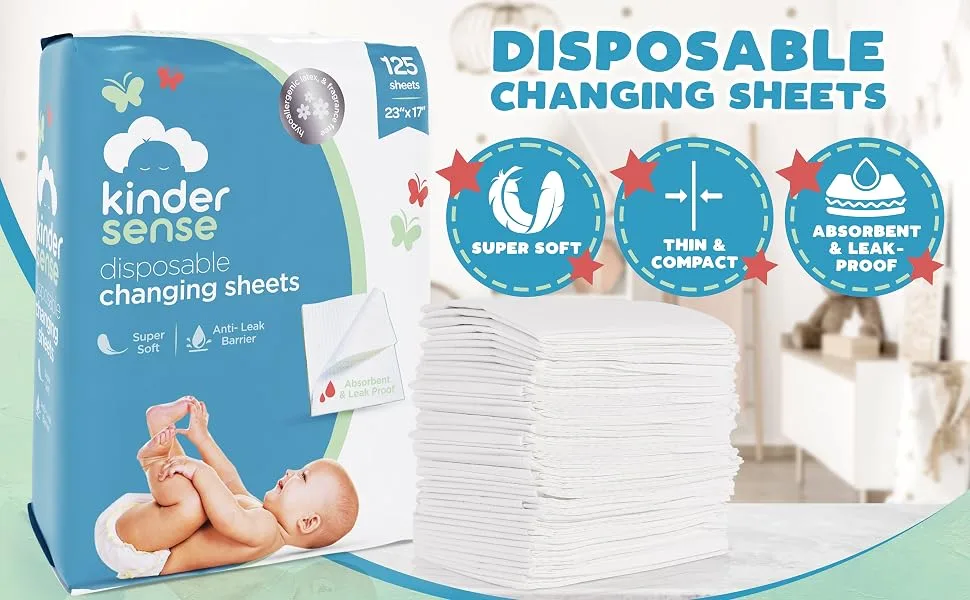 Kindersense Disposable Changing Sheets for Baby Diaper (125 Sheets) | Thin Portable Changing Pad Liners (23" x 17.5") | Paper Top Layer - Waterproof Bottom Layer | Leak Proof Infant Changing Mat Thin protective sheets - waterproof mat, changing pad liner, changing table topper for dresser, baby diapers newborn,