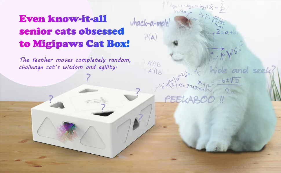Migipaws Cat Toys, Interactive Automatic 7 Holes Mice Whack-A-Mole, Ultra Fun Smart Teaser Toy for Indoor Cats, USB Rechargeable, 4 Pieces Feather Refills - exhaust cats extra energy obsessed cat toys
