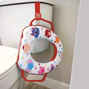 Sunny Days Entertainment CoComelon Soft Potty Training Seat, Red - Red Soft Potty Training Seat Animal Design CoComelon JJ Handles Storage Hook