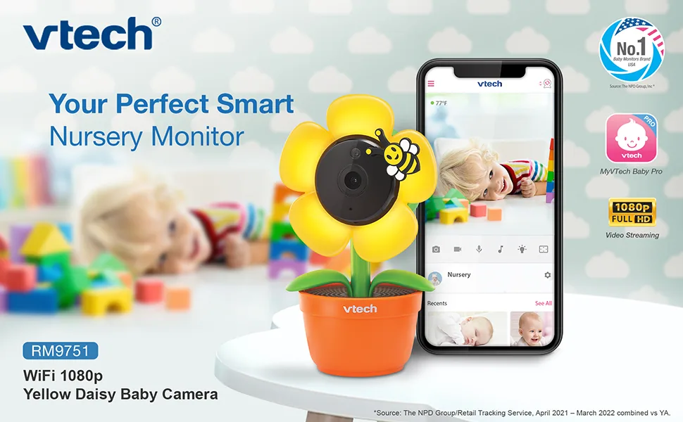 VTech RM9751 Yellow Daisy Smart Wi-Fi Baby Camera, iOS & Android Enabled, 1080p Full HD, Privacy Mode Cover, Night Light, Soothing Sounds & Lullabies, Two-way Intercom,Temperature Sensor, Night Vision - RM9751 - 1