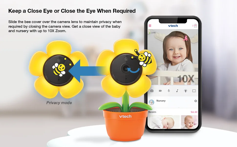 VTech RM9751 Yellow Daisy Smart Wi-Fi Baby Camera, iOS & Android Enabled, 1080p Full HD, Privacy Mode Cover, Night Light, Soothing Sounds & Lullabies, Two-way Intercom,Temperature Sensor, Night Vision - RM9751 - 3