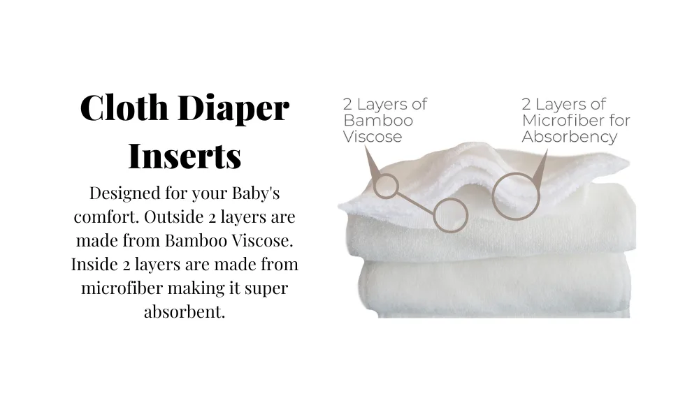 10 Pack Bamboo Cloth Diaper Inserts - 4 Layers - Reusable and Absorbent - 13" x 5" Perfect for Any Diaper - Nora's Nursery Bamboo Inserts - Inserts