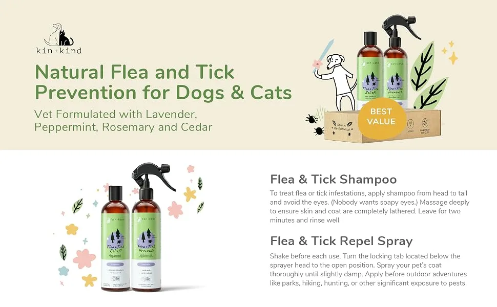 kin+kind | Flea & Tick Lavender Spray & Shampoo Value Set | Plant-Based (12 fl oz) - kin and kind natural organic flea and tick repellent treatment for dogs cats perros gatos