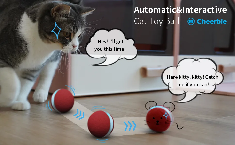 Cheerble Smart Interactive Cat Toy, Automatic Moving Bouncing Rolling Ball for Indoor Cat Kitten, Self Rotating Ball with Lights and Bell 1 Red - cheerble cat ball