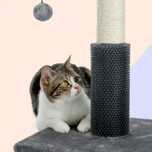 PEQULTI Cat Scratching Post, Cat Scratcher Natural Sisal Rope Covered Post with Brush and Detachable Pompom Grey - 168bg-3