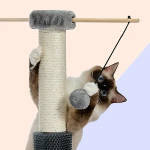 PEQULTI Cat Scratching Post, Cat Scratcher Natural Sisal Rope Covered Post with Brush and Detachable Pompom Grey - 168bg-4