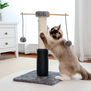 PEQULTI Cat Scratching Post, Cat Scratcher Natural Sisal Rope Covered Post with Brush and Detachable Pompom Grey - 168gy-1