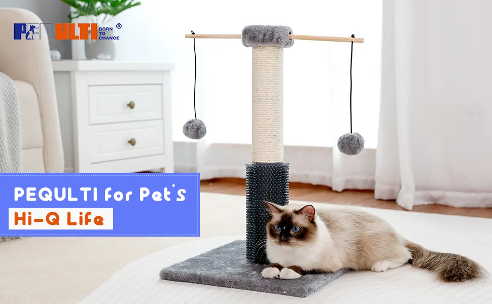 PEQULTI Cat Scratching Post, Cat Scratcher Natural Sisal Rope Covered Post with Brush and Detachable Pompom Grey - 168gy