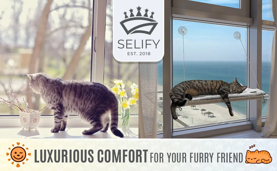 Selify Cat Window Perch - Free Fleece Blanket and Toy  Extra Large and Sturdy  Holds Two Large Cats  Easy to Assemble! - Selify Cat Window Perch