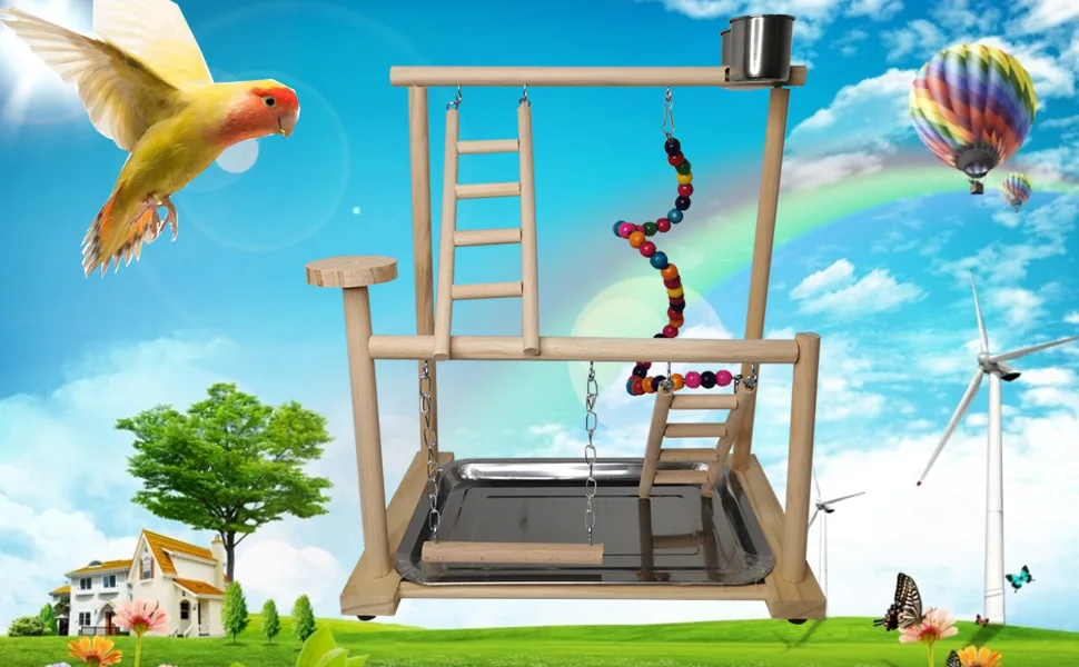 Parrots Playground, Bird Play Gym Wood Perch Stand Colours Revolving Climb Ladders Swing Chewing Toys with Parakeet Feeding Cups Exercise Activity Center for Conure Cockatiel Lovebirds(Include a Tray) - product information 16