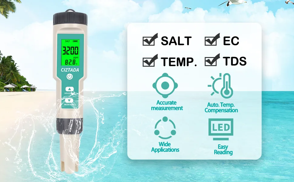 Digital Salinity Tester for Salt Water - Aquarium Salinity Meter with ATC, IP67 Waterproof, 0-200 PPT Large Range Multi-Parameter Tester for Seawater, Fish Tank, Hydroponics green - product information 2