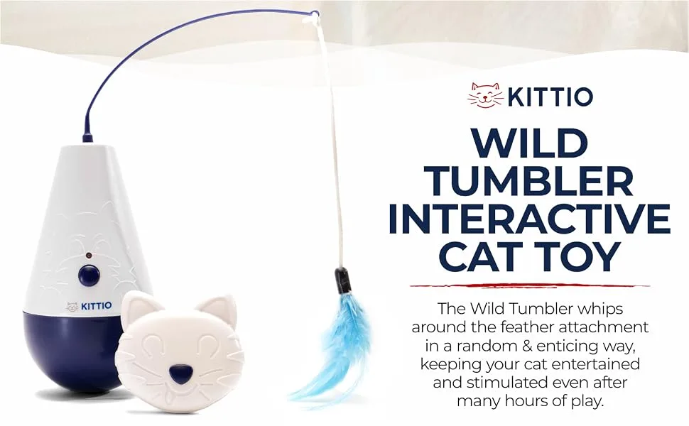 Kittio Wild Tumbler - 4X Replacement Feather Attachments Included - Fun Interactive Cat Toy - Rotating Feather Twirls with Unpredictable Tumbling Motion - Satisfies Cats Hunting and Exercising Needs - Wild Tumbler Short Description
