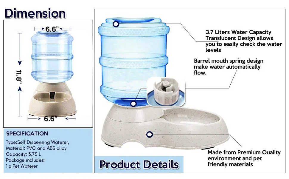 Zone Tech Self-Dispensing Pet Waterer - Premium Quality Durable Self-Dispensing Gravity 3.7 Liters Pet Waterer - pet waterer dispenser