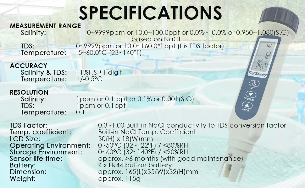 Portable Digital High Accuracy 3-in-1 (TDS/Salinity/Temperature) Water Quality Meter Salinity&TDS Meter - salinity meter