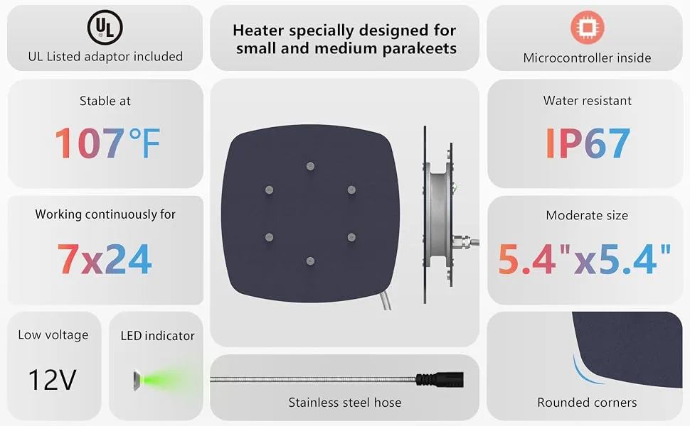 Ogioxam Bird Heater, Thermostatical Bird Warmer for Parakeets, IP67 Waterproof Bird Accessories and Supplies, 12V - ogixam warmer advantages