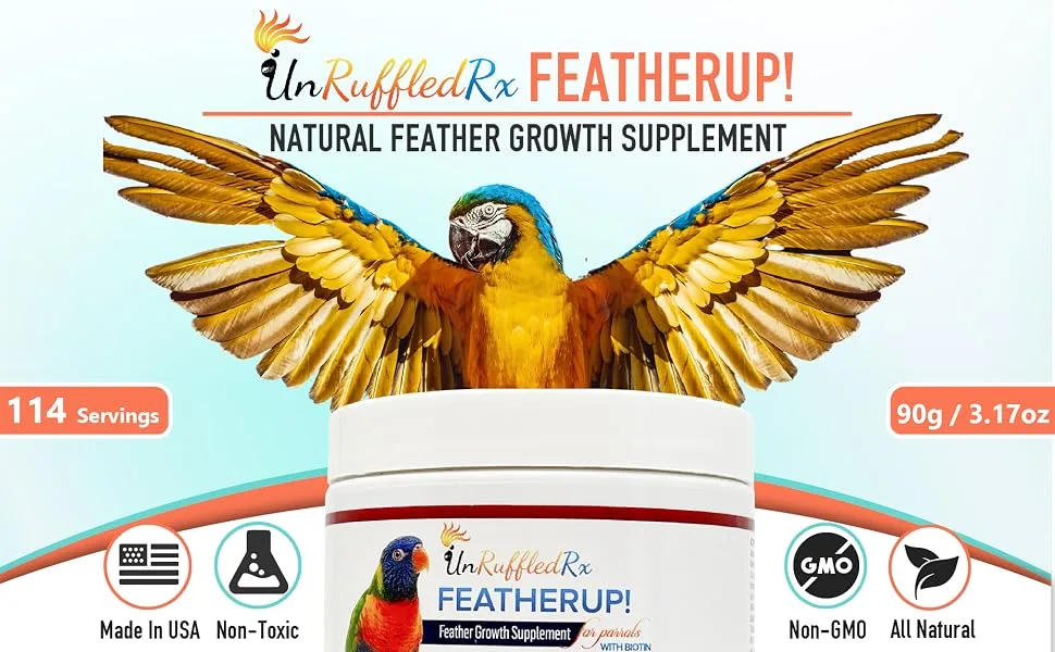 UnRuffledRx FeatherUp! Bird Molting Support & Feather Growth Supplement - for Plucking, Regrowth & Molt - Multivitamin & Amino Acids for All Birds - 90g (240 Servings) - product information 1