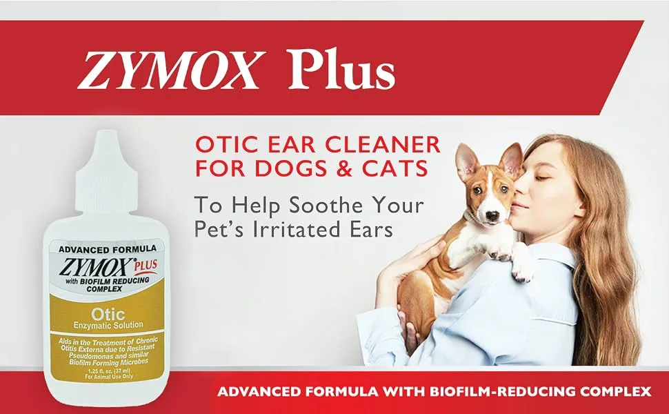 Zymox Advanced Formula Otic Plus Enzymatic Ear Solution for Dogs and Cats Without Hydrocortisone, 1.25oz - ZYMOX Advanced Otic Ear Cleaner for Dogs and Cats to Help Soothe Your Pet