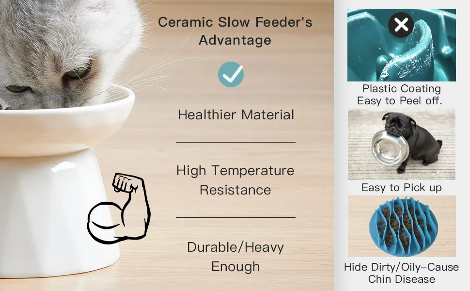 Frewinky Ceramic Slow Feeder Cat Bowls,Slow Feeder for Cats and Small Dogs,Elevated-Cat Slow Feeder Food Bowl and Mat - slow feeder cat bowls