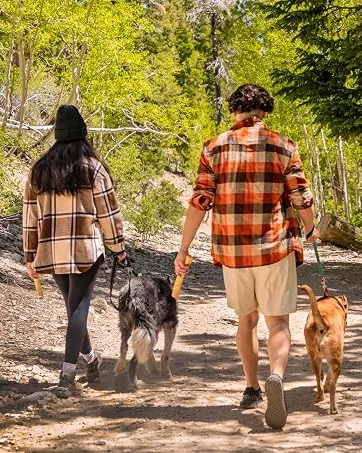 Earth Animal No-Hide Flavorful Small Natural Rawhide Alternative Dog Chews Chicken 2 Count (Pack of 3) - two people walking on forest path with dogs holding no-hide chews