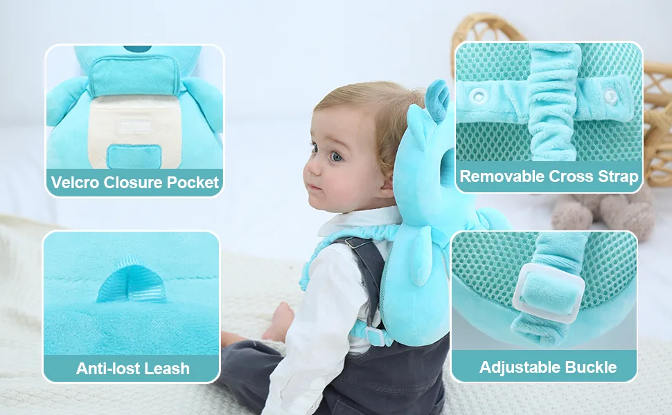 Head Safety Protector Pad for Baby Toddler Walker,Infant Talking Head Protection Backpack Cushion (Light Blue Elephant) - datail Show