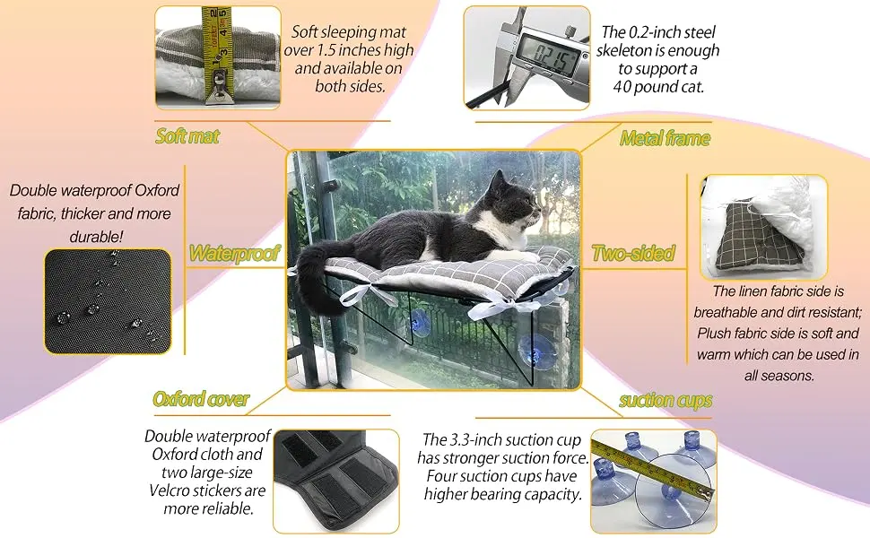 Cat Window Perch, Cat Hammock Window Seat with 4 Sturdy Suction Cups, Cat Window Bed Providing 360 Unobstructed Sunbathe, Napping & Overlooking Indoor. Hammock Mat Unlimited Season - cat hammock perch