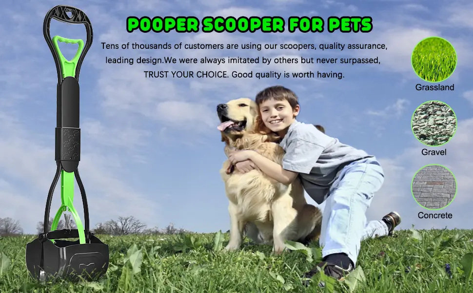 PPOGOO Non-Breakable Pet Pooper Scooper for Dogs and Cats with Long Handle High Strength Material and Durable Spring for Easy Grass and Gravel Pick Up Green - product information 2