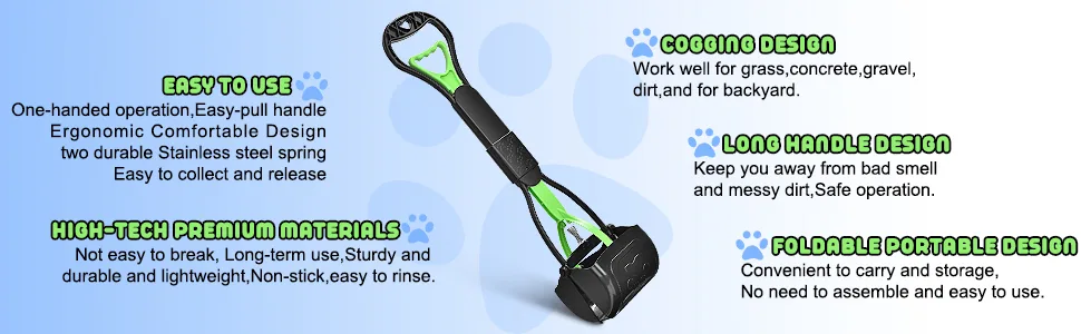 PPOGOO Non-Breakable Pet Pooper Scooper for Dogs and Cats with Long Handle High Strength Material and Durable Spring for Easy Grass and Gravel Pick Up Green - product information 3