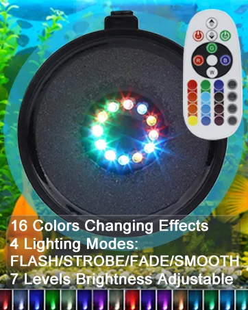 Aquarium Bubble LED Lights RGBW, TOPBRY Remote Controlled Air Stone Disk, with 16 Color Changing, 4 Lighting Effects for Fish Tank Decorations - Aquarium Lights