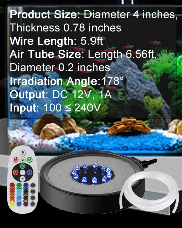 Aquarium Bubble LED Lights RGBW, TOPBRY Remote Controlled Air Stone Disk, with 16 Color Changing, 4 Lighting Effects for Fish Tank Decorations - Aquarium Lights