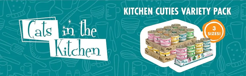 Weruva Cats in The Kitchen, Cat Food Kitchen Cuties Variety Pack 3.2 Ounce (Pack of 12) - Cats in the Kitchen by Weruva, Kitchen Cuties Variety Pack, 3.2oz, 6oz, & 10oz Cans