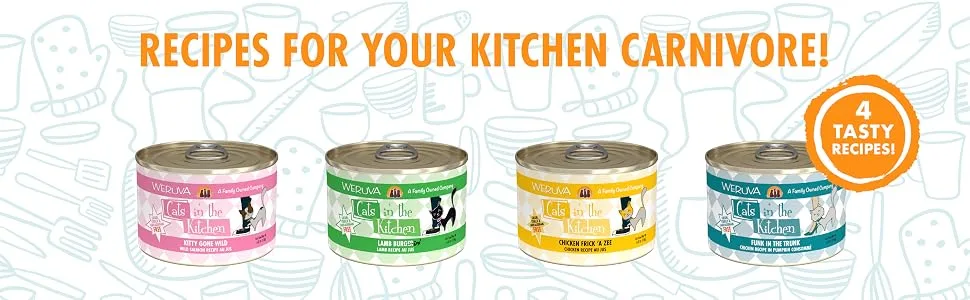 Weruva Cats in The Kitchen, Cat Food Kitchen Cuties Variety Pack 3.2 Ounce (Pack of 12) - Recipes for your kitchen carnivore! Try 4 tasty recipes.