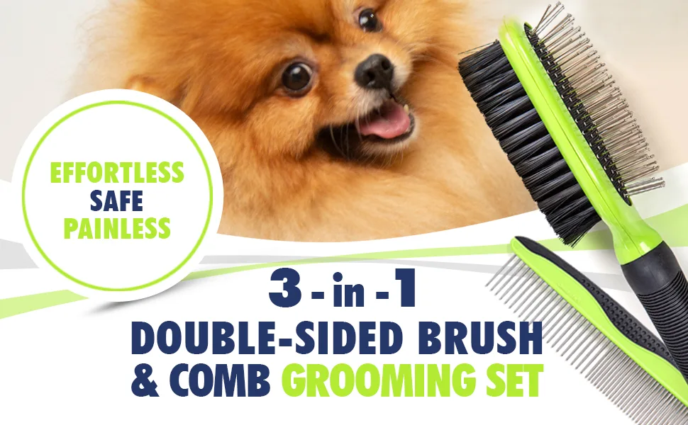 Rexipets Dog & Cat Brush & Comb Pet Grooming Set - Double Side (Small) - Ultimate Deshedding Tool - Lice And Flea Removing - Perfect Groomer's Tools - Strong Grip And Soft Bristles - dog cat brush grooming dematting