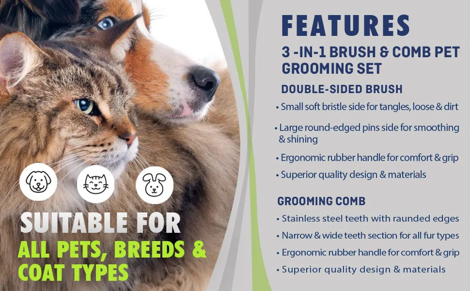 Rexipets Dog & Cat Brush & Comb Pet Grooming Set - Double Side (Small) - Ultimate Deshedding Tool - Lice And Flea Removing - Perfect Groomer's Tools - Strong Grip And Soft Bristles - grooming comb