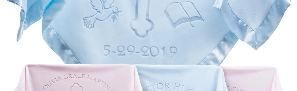 Custom Catch Personalized Baptism Baby Blanket Gift - Boy or Girl Christening - Name and Date (2 Text Lines) - Blue and pink personalized baptism blankets with name and date