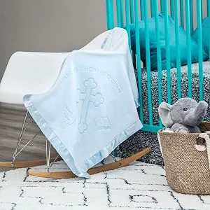 Custom Catch Personalized Baptism Baby Blanket Gift - Boy or Girl Christening - Name and Date (2 Text Lines) - Blue baptism blanket in nursery on rocking chair next to crib