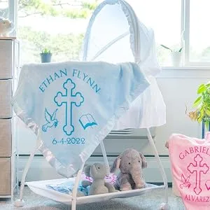 Custom Catch Personalized Baptism Baby Blanket Gift - Boy or Girl Christening - Name and Date (2 Text Lines) - Personalized Baptism Baby Blanket for Boy or Girl - Blue or Pink
