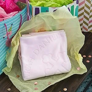 Custom Catch Personalized Baptism Baby Blanket Gift - Boy or Girl Christening - Name and Date (2 Text Lines) - Personalized pink baptism blanket in gift wrap with presents