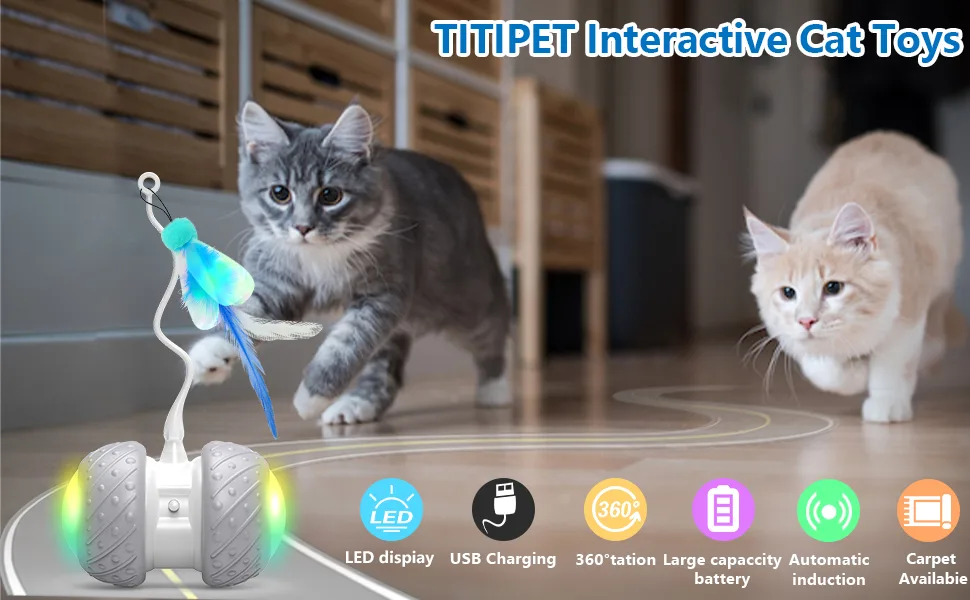 TITIPET Interactive Robotic Cat Toys ,Automatic Cat Feather/Birds/Mouse Toys for Indoor Cats / Kitten, Automatic Irregular USB Charging 360 Degree Self Rotating Ball, (Auto Cat Toy Rechargeable) - interactive cat toys rechargeable