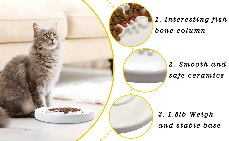 Slow Feeder Cat Bowl,Cat Puzzle Feeder Ceramic Dish with Fish Bone Design,Fun Interactive Slow Down The Eating Speed of Pets,Against Bloat,Indigestion - Slow Feeder Cat Bowl
