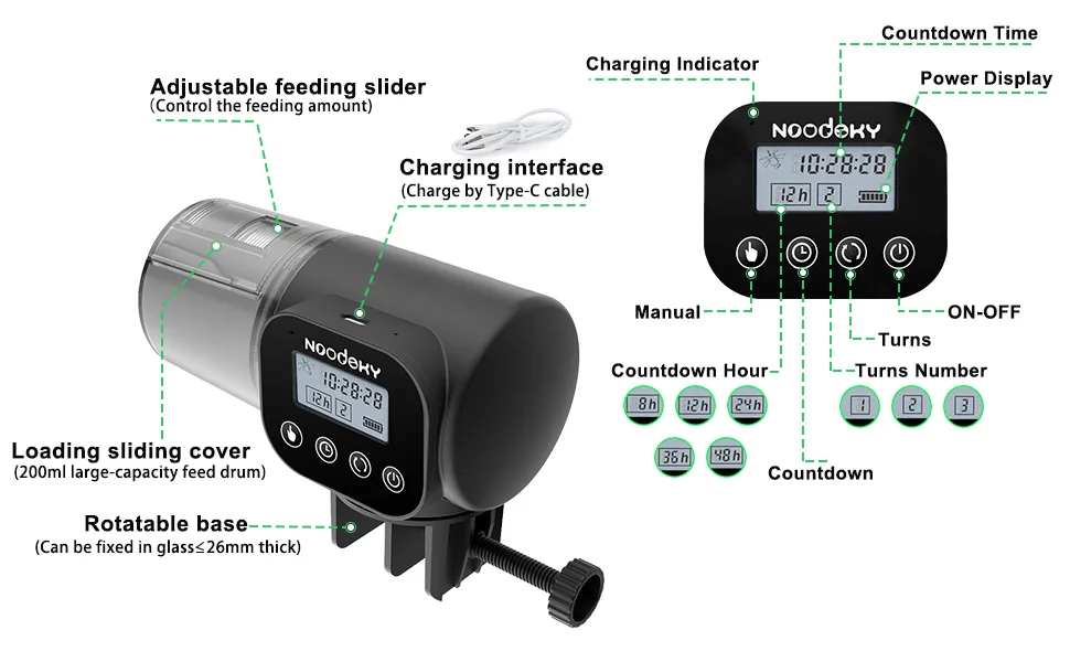 Noodoky Automatic Fish Feeder, Easy Setup Auto Fish Food Dispenser with USB Cable, Timed Feeder for Aquarium, Small Fish Turtle Tank, Auto Feeding on Vacation or Holidays - fish feeder