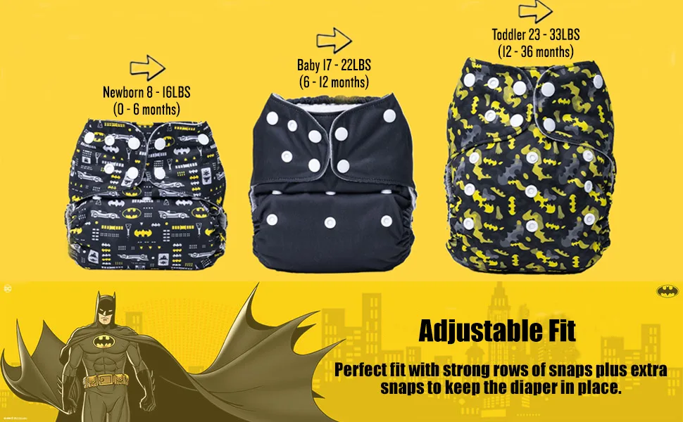 Simple Being Reusable Baby Cloth Diapers Adjustable Size, Double Gusset, Waterproof Cover, 3 Pack with 3 Inserts (DC Batman Classic) - ARROWS