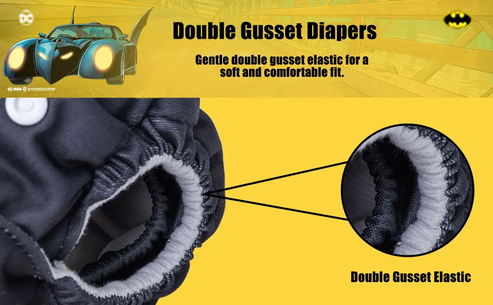 Simple Being Reusable Baby Cloth Diapers Adjustable Size, Double Gusset, Waterproof Cover, 3 Pack with 3 Inserts (DC Batman Classic) - elastic