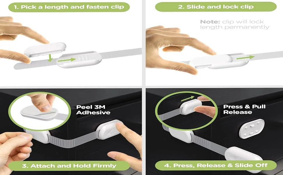 Baby Proof Strap Locks (20-Pack) by Skyla Homes - No Tools or Screws Needed, Wipes Included - Multipurpose Cabinet Locks for Child Safety - pick up the length and fasten clip slid lock clip press push button child lock peel adhesive release