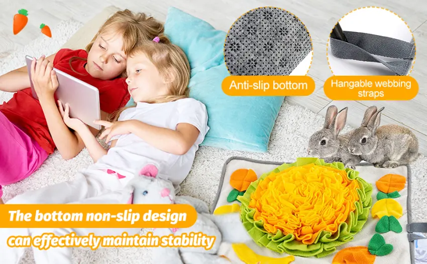 Rabbit Foraging Mat with Fixing Handle- Machine Washable Polar Fleece Pet Snuffle Pad- Funny Interactive Nosework Feeding Mat- Rabbit Hay Feeder Mat for Rabbits Bunny Guinea Pigs Ferrets Multi-colored - product information 3