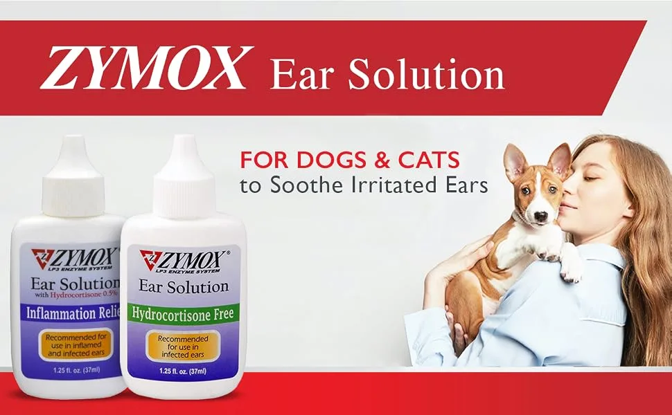 ZYMOX Enzymatic Ear Solution with 0.5-Percent Hydrocortisone, for Dog & Cat, 1.25 oz - ZYMOX Ear Cleaner Solution for Dogs and Cats to Help Soothe Your Pet