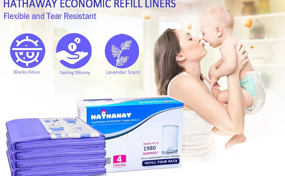 Refills Compatible with Dekor Classic Diaper Pail Refills 4 Pack Diaper Pail Liners Lavender Scent Classic-4pcs - diaper refill for dekor pail